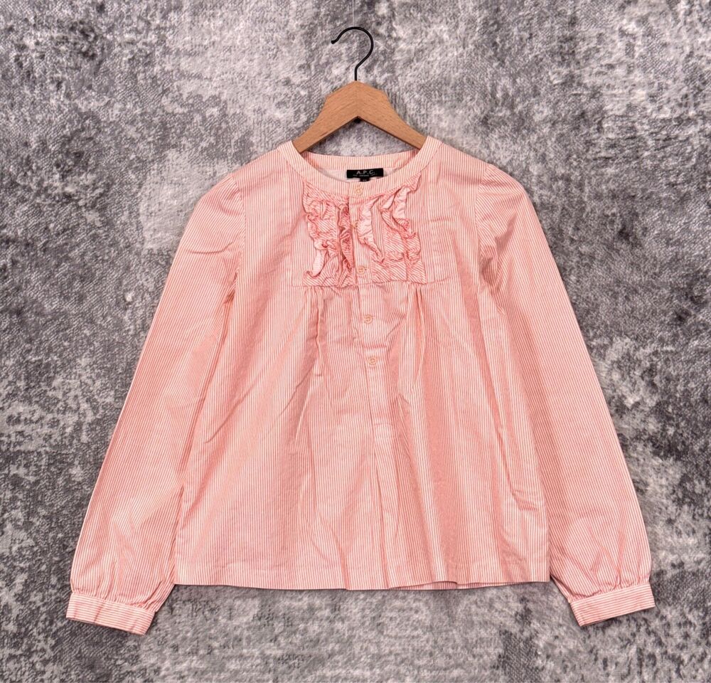 APC Top XS Womens Orange Striped Cotton Woven Ruffle Popover Blouse